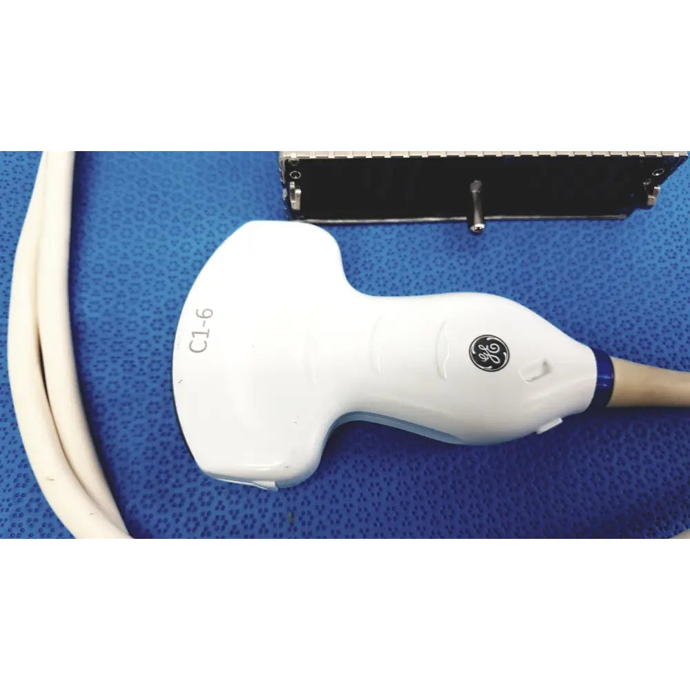 White ge c1-6-d convex ultrasound probe transducer with ergonomic design and blue accent for logiq e9 e10 systems
