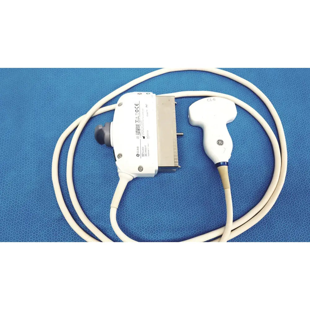 White GE c1-6-d convex ultrasound probe transducer with curved handle and beige cable for Logiq E9 E10 systems