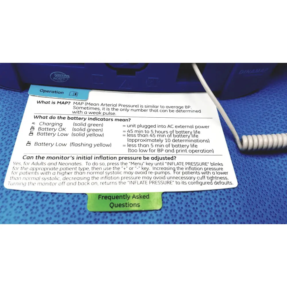 Blue carescape dinamap v100 vital signs monitor with white coiled cable and instruction card in used tested condition