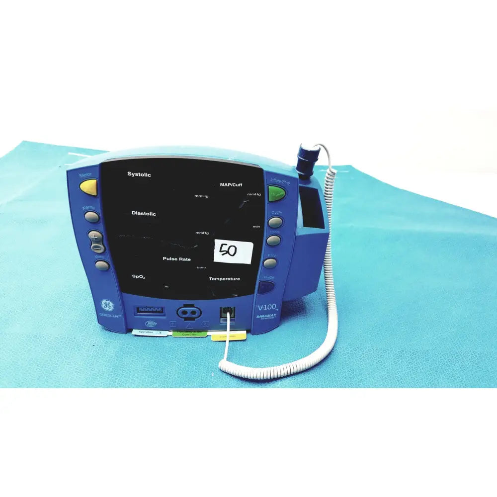 Blue GE carescape dinamap v100 vital signs monitor with black screen displaying medical readings and connected cables
