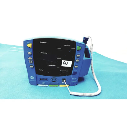 Blue GE carescape dinamap v100 vital signs monitor with black screen and multiple control buttons used tested working with cuff
