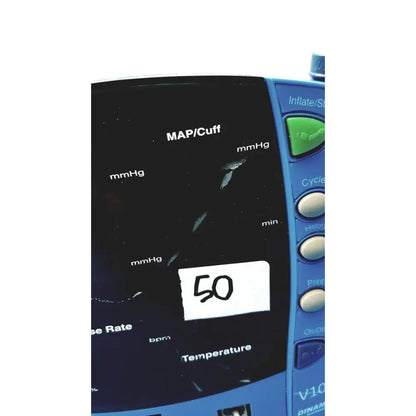 Blue GE carescape dinamap v100 vital signs monitor with black screen displaying vital signs and white 50 sticker