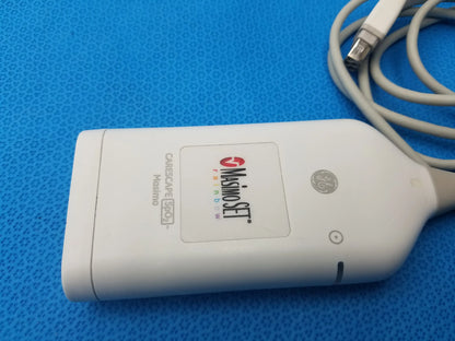 White plastic ultrasound transducer with misonet and ge branding showing carescape s902-matino for masimo rainbow set