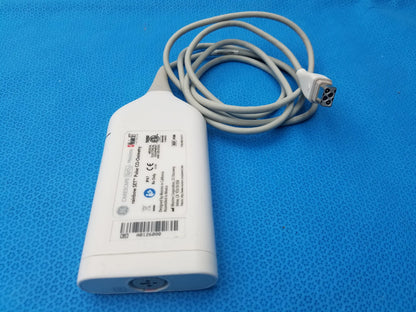 White plastic medical pulse oximeter cable with coiled gray cord and multi-pin connector for masimo rainbow set