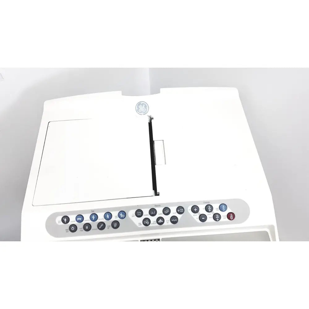 White ge brand air purifier with sleek design and control panel for case stress test and cardiac exercise testing unit