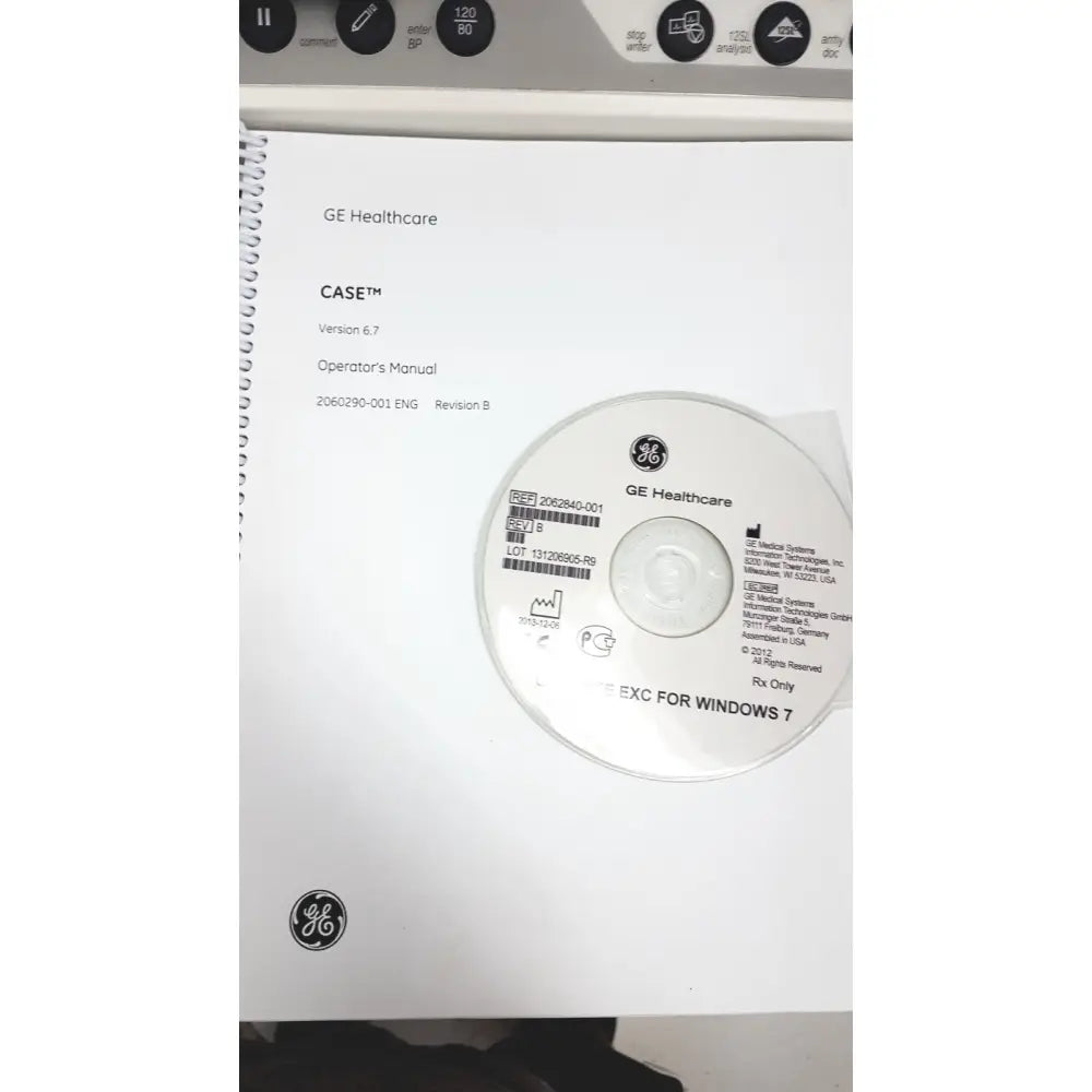 Clear plastic cd labeled ge healthcare with barcode featuring circular design for windows 7 in cardiac exercise testing unit case stress test system
