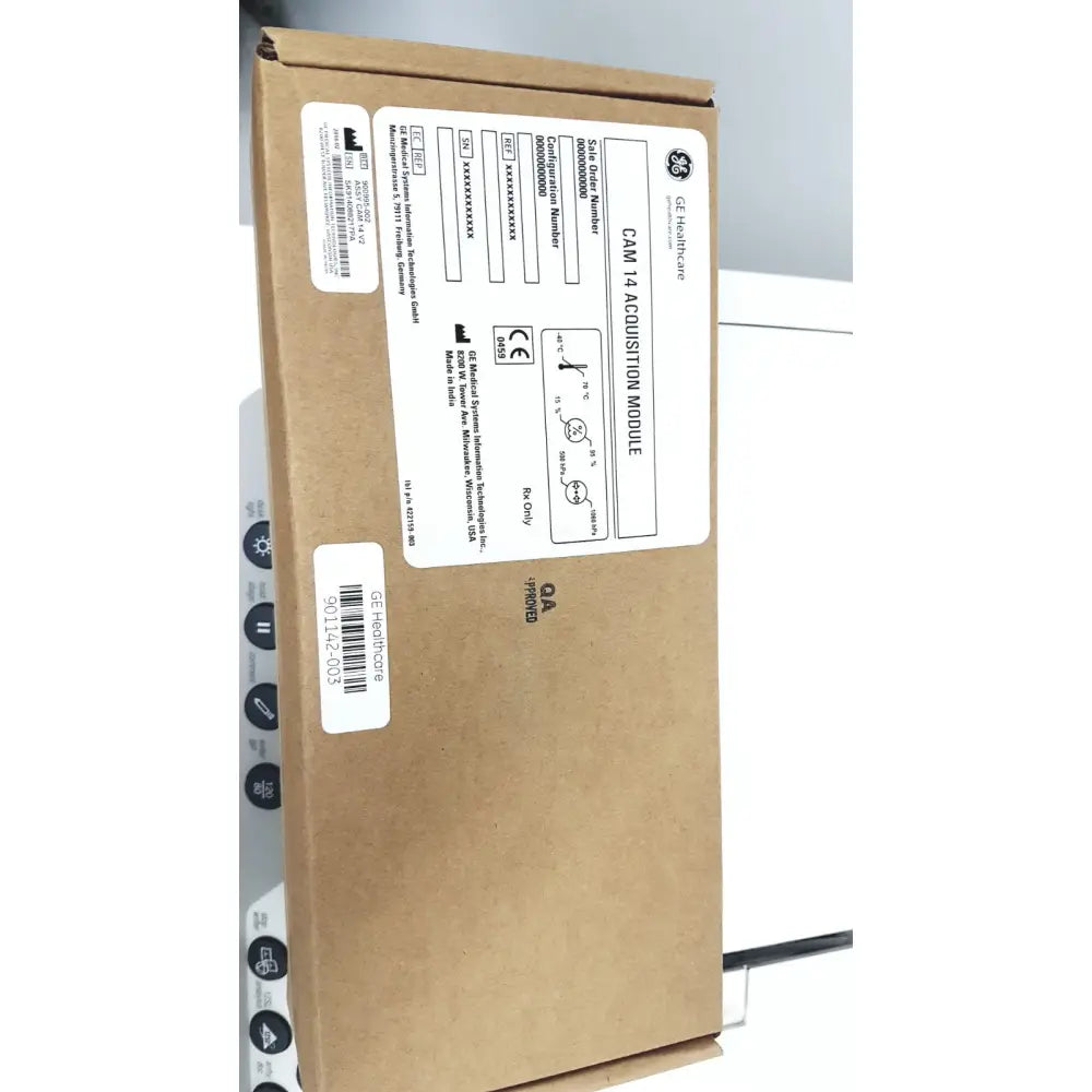 Brown cardboard box labeled ge healthcare cam 14 acquisition module for case stress test cardiac exercise testing unit