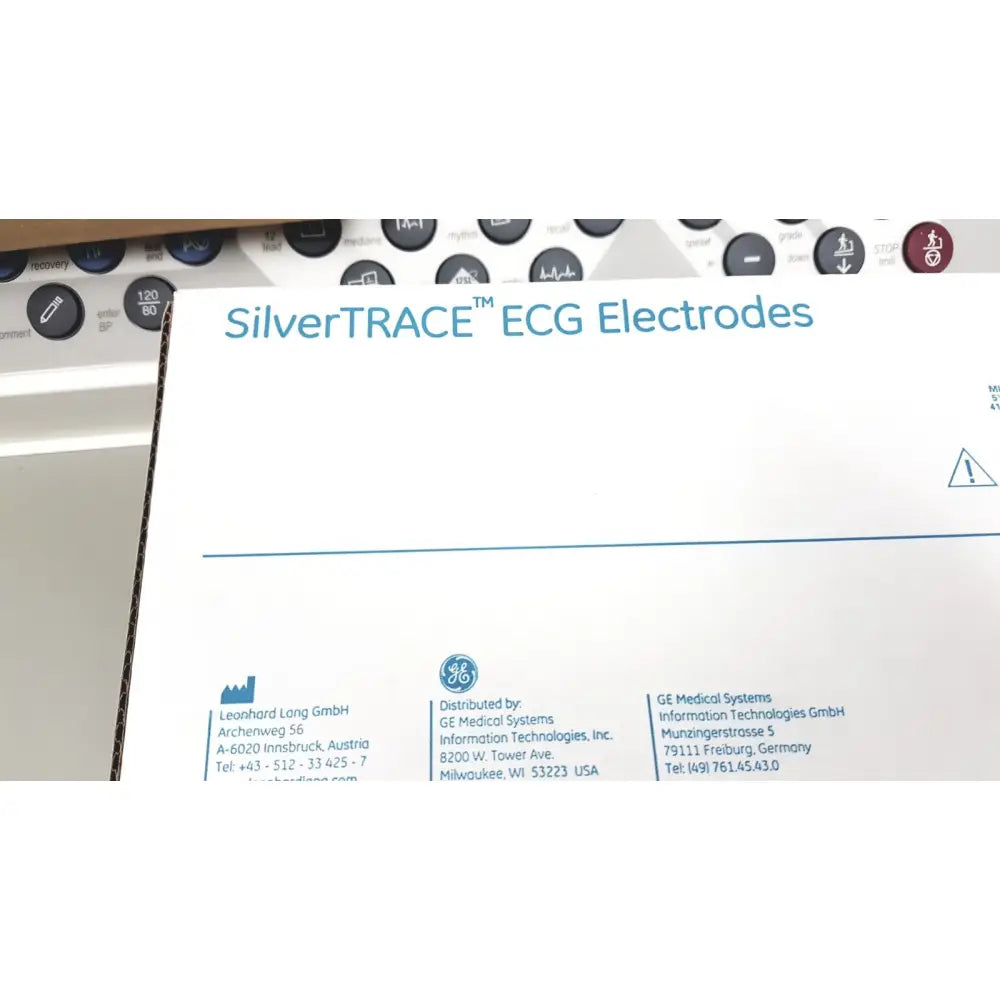 Silvertrace ecg electrodes packaging box with branding and distributor details for ge case stress test cardiac exercise testing unit