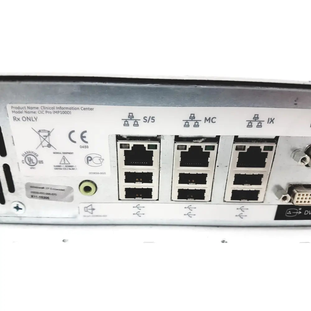 Silver metal server rack with black ethernet and vga ports back view labeled clinical information center cic pro mp100d model