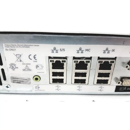Silver metal server rack with black ethernet and vga ports back view labeled clinical information center cic pro mp100d model