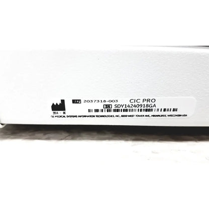White GE cic pro mp100d medical device box with black labeling and serial number for pro mp100d central monitoring