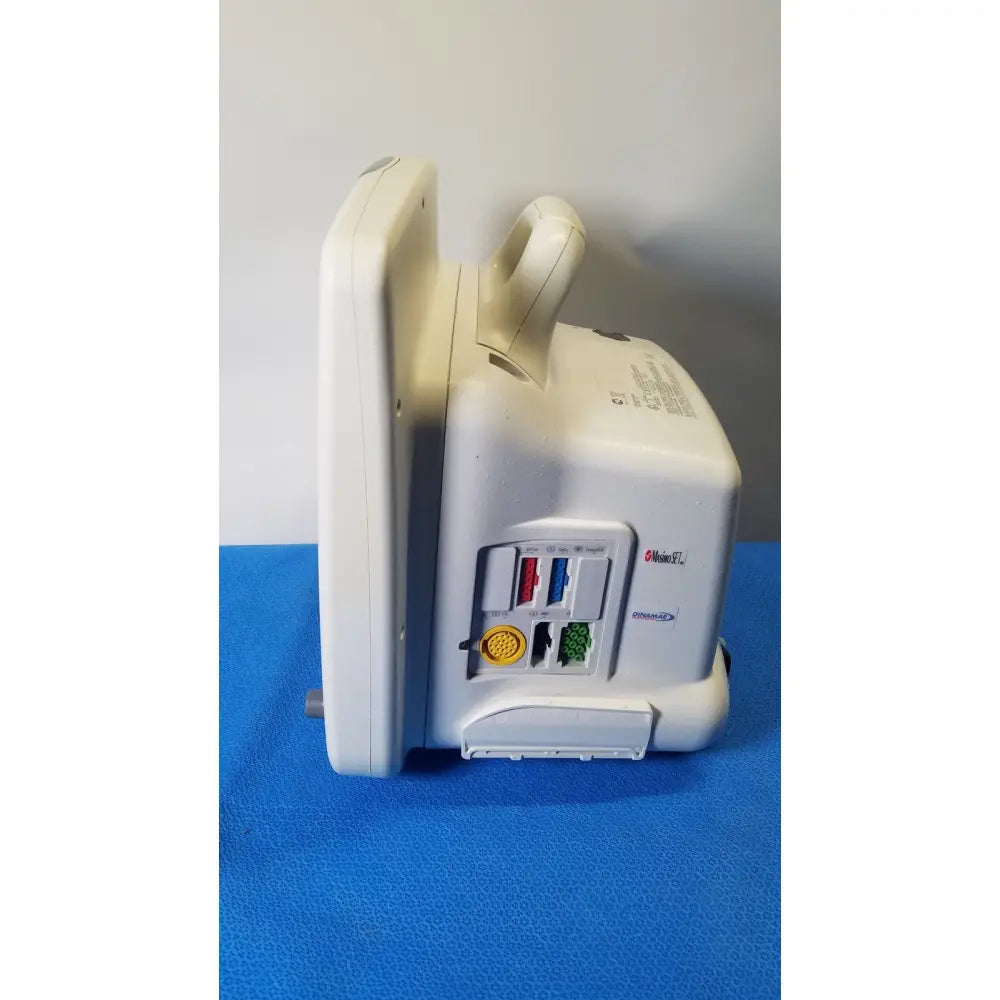 White plastic ge dash 5000 patient monitor ecg with handle and multicolored ports for reuse medical monitoring