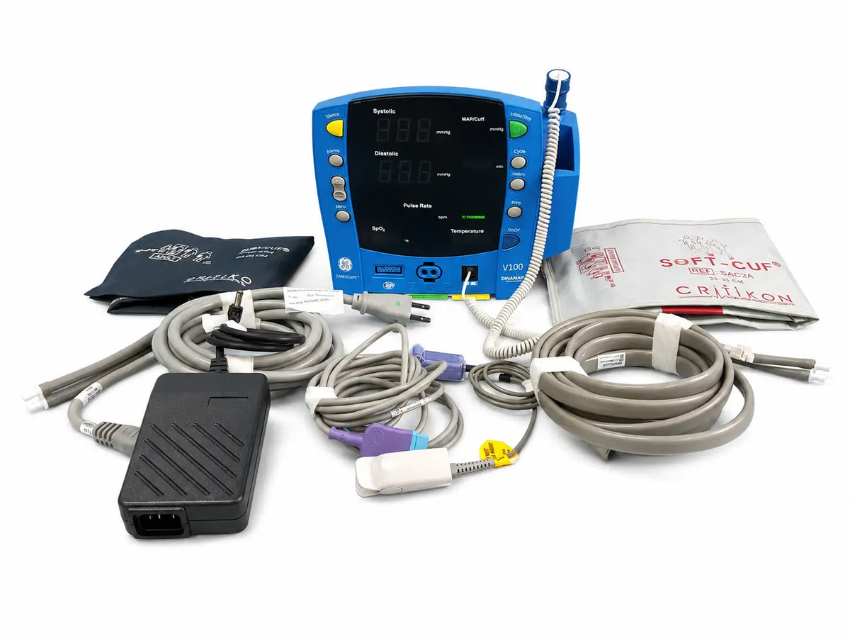 Blue GE Dinamap V100 vital signs patient monitor with digital display, patient cables, nibp cuffs, and power adapter