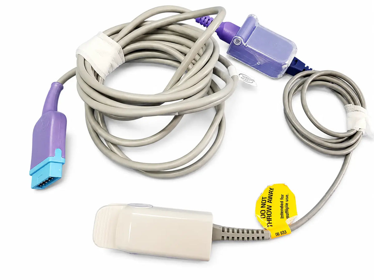Gray medical patient cables with purple and blue connectors featuring clear housing for ge dinamap vital signs monitor nibp cuffs