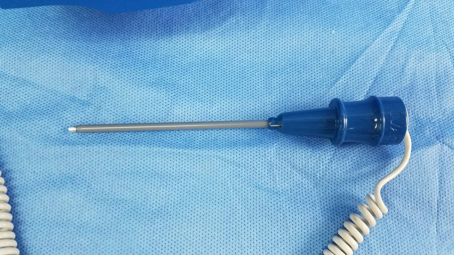 Blue-handled medical probe with metallic shaft and coiled white cable for GE Dinamap vital signs monitor with nibp cuffs and power adapter