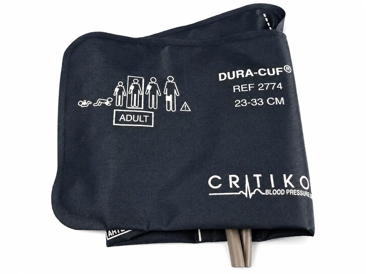 Black dura-cuf adult nibp cuff by critiko model 2774 23-33 cm for ge dinamap v100 vital signs with patient cables