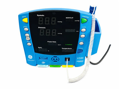 Blue ge v100 dinamap vital signs patient monitor with black display showing vital signs using nibp cuffs and patient cables
