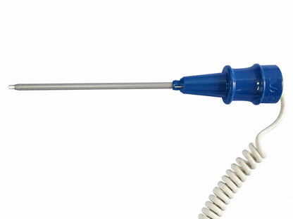 Blue plastic-handled medical probe with metallic shaft and coiled white cable for vital signs patient cables and nibp cuffs