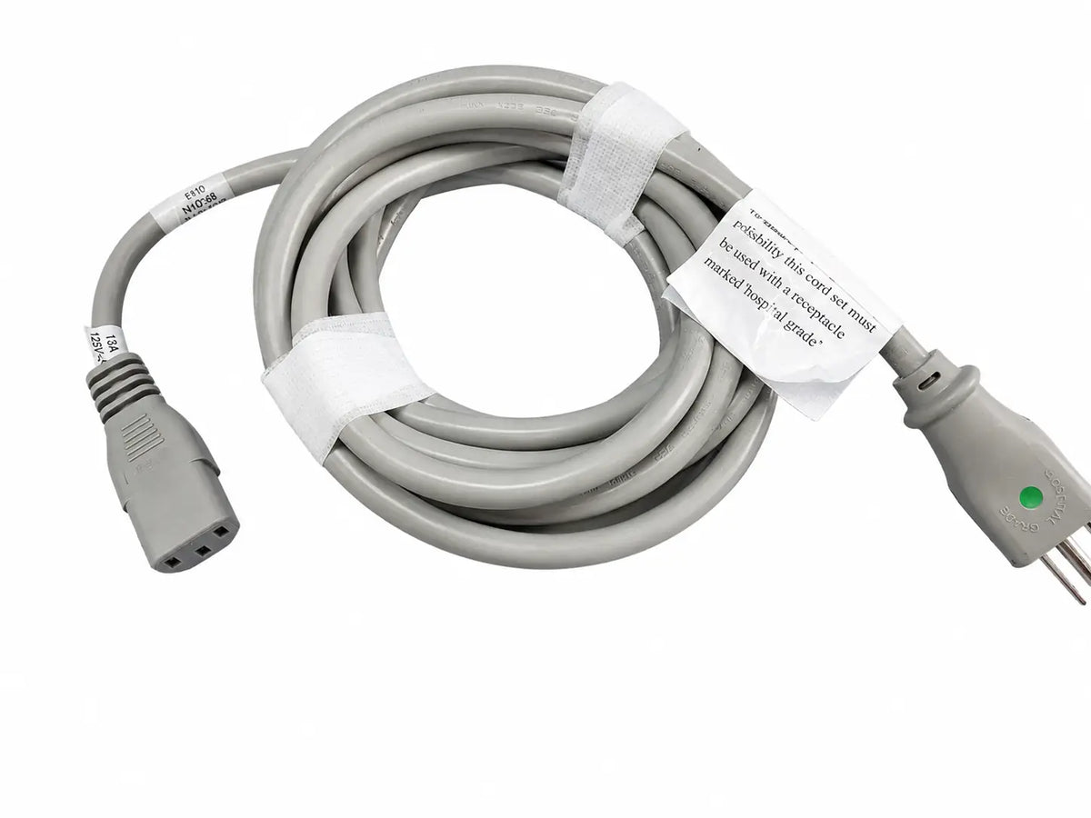 Gray coiled power cord with molded plugs and green indicator light for ge dinamap v100 vital signs monitor patient cables nibp cuffs
