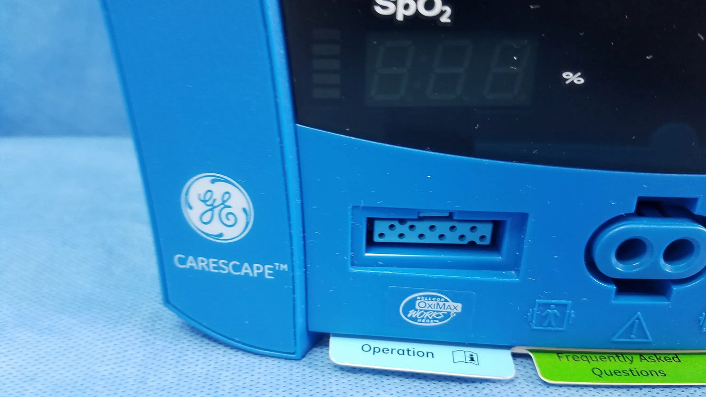 Blue GE carescape oximax pulse oximeter with digital display and ported side panel for vital signs with nibp cuffs and power adapter