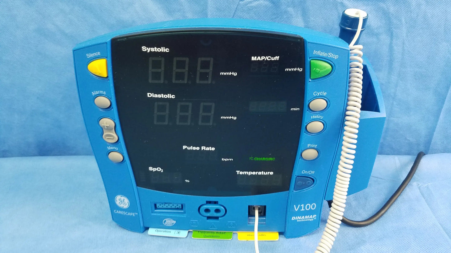 Ge dinamap v100 vital signs patient monitor in blue with digital display nibp cuffs power adapter and patient cables