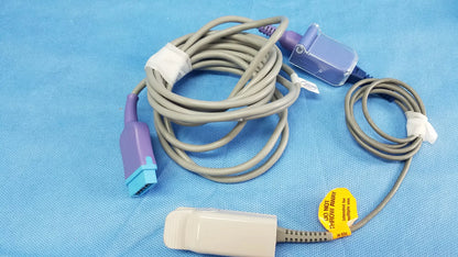 Gray medical cable with purple and blue connectors and beige pulse oximeter sensor for ge dinamap vital signs monitor with nibp cuffs and power adapter