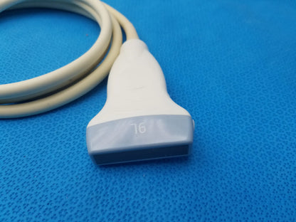 Ge healthcare 9l-rs linear array ultrasound probe with white and gray transducer and beige cable for ultrasound imaging