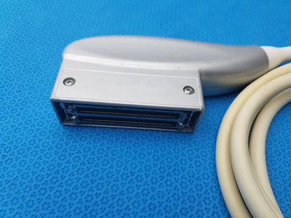 Ge healthcare 9l-rs linear array ultrasound probe silver with sleek ergonomic design and beige cable for ultrasound imaging