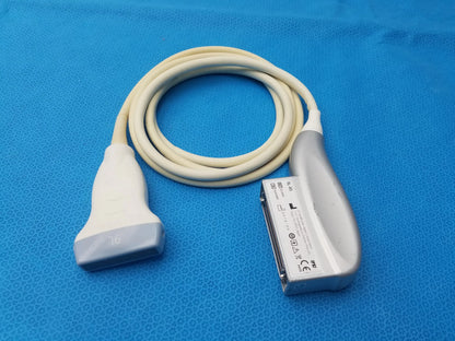 Ge healthcare 9l-rs gray and white linear array ultrasound probe with coiled beige cable for ultrasound imaging