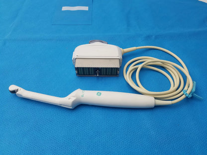 White ge healthcare be9cs-d bi-plane micro convex ultrasound probe with coiled beige cable and rectangular head