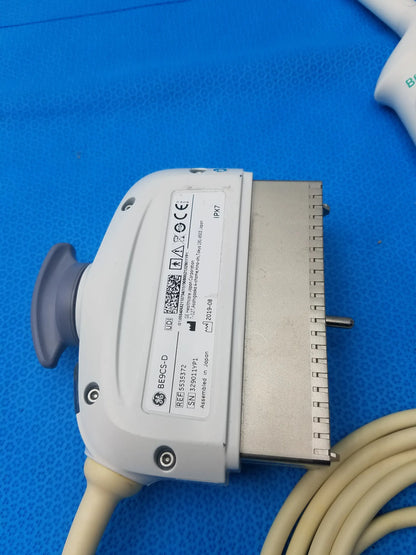Ge healthcare be9cs-d bi-plane micro convex ultrasound probe with white transducer, gray handle, and beige cable