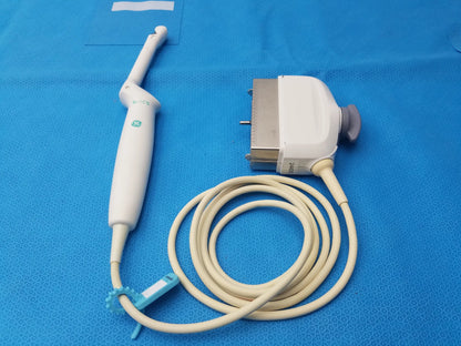 Ge Healthcare BE9CS-D bi-plane micro convex ultrasound probe with white transducer, beige cable, and gray ergonomic knob