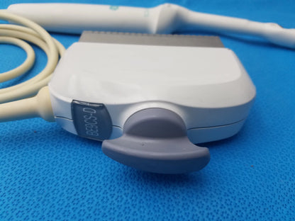 White and gray ge healthcare be9cs-d bi-plane micro convex ultrasound probe with beige cable for medical imaging