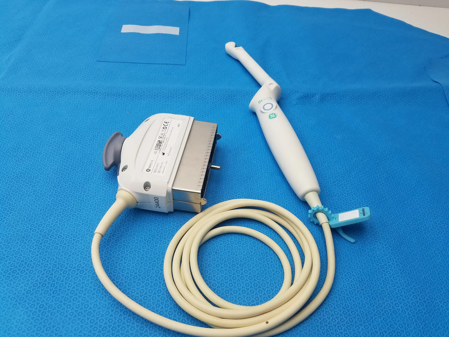 Ge Healthcare BE9CS-D bi-plane micro convex ultrasound probe with white ergonomic handle and beige cable