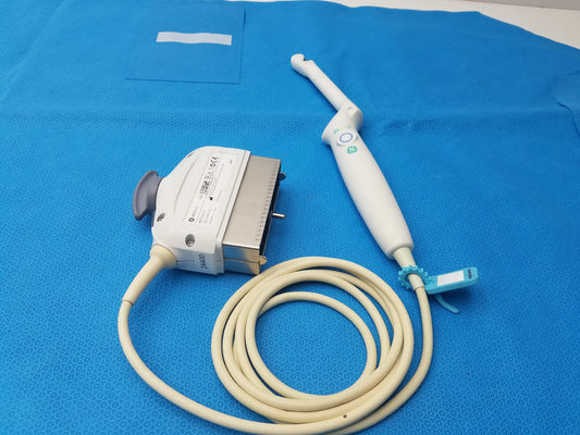 Ge Healthcare BE9CS-D bi-plane micro convex ultrasound probe with white ergonomic handle and beige cable