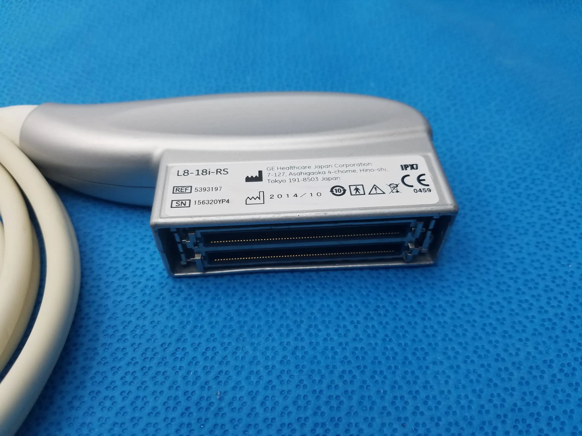 Silver-gray ge healthcare l8-18i-rs ultrasound transducer probe with sleek ergonomic design and metallic connector housing compatible ge healthcare