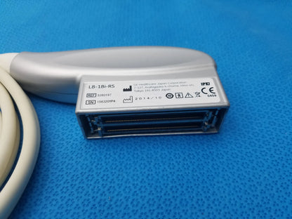 Silver-gray ge healthcare l8-18i-rs ultrasound transducer probe with sleek ergonomic design and metallic connector housing compatible ge healthcare