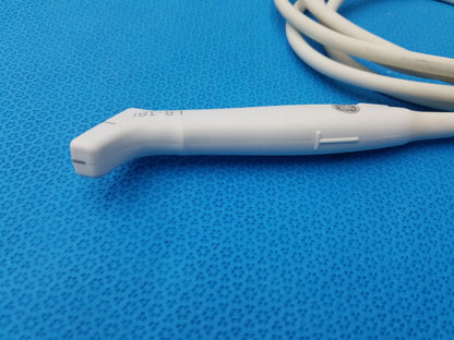 White plastic ultrasound transducer probe with curved tip and integrated cable compatible with GE Healthcare L8-18i-RS