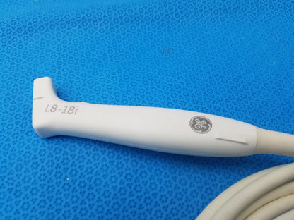 White ge healthcare l8-18i-rs ultrasound transducer probe with smooth ergonomic handle and coiled cable compatible ge healthcare
