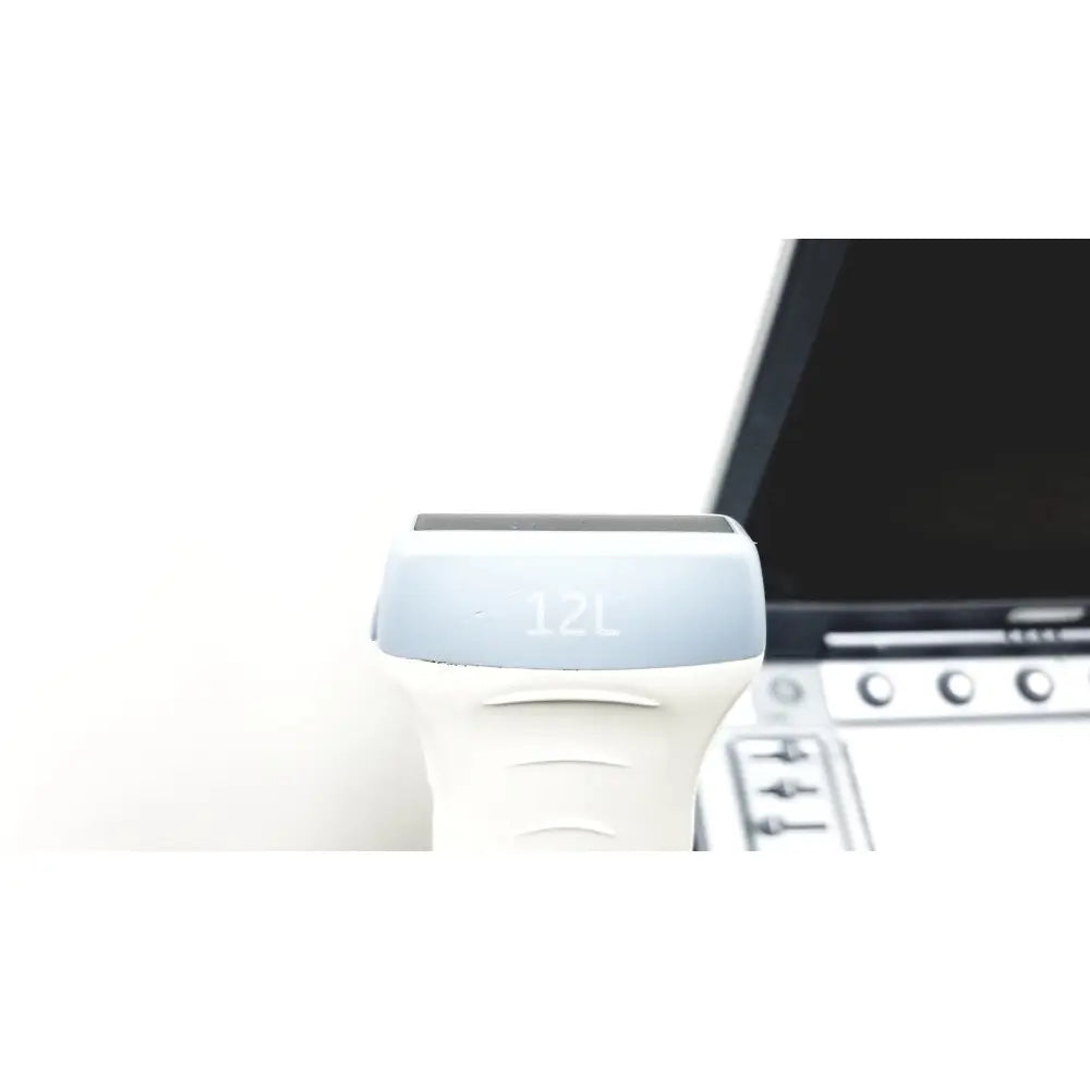 Light blue and white handheld 12l scanner of ge logiq e portable ultrasound machine untested model