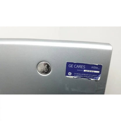 Silver ge insite™ appliance with circular logo and blue service sticker on the back of a logiq e portable ultrasound machine