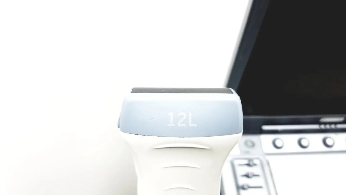 Light blue and white handheld 12l scanner of ge logiq e portable ultrasound machine untested model
