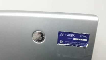 Silver ge insite™ appliance with circular logo and blue service sticker on the back of a logiq e portable ultrasound machine