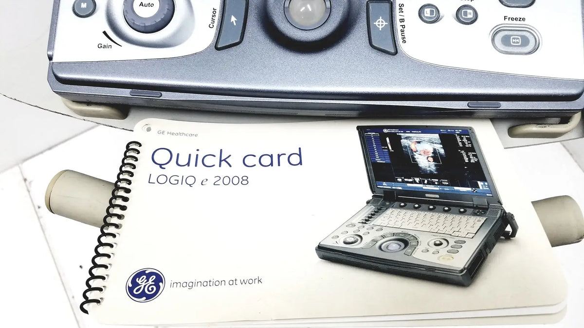 Silver and black ge logiq e portable ultrasound machine with compact design and screen showing image untested model