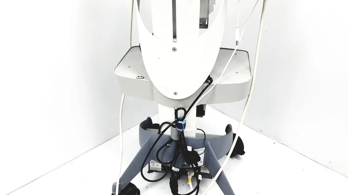 White and gray medical-grade logiq e portable ultrasound machine with adjustable arm and multiple cables untested view