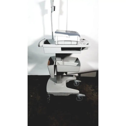 Gray medical cart with wheels and mounted device for GE MAC 1600 EKG ECG analysis 12 lead resting electrocardiograph machine