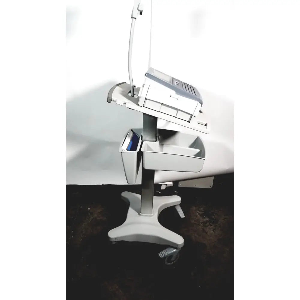 White medical cart with adjustable tray and storage compartments for GE MAC 1600 EKG ECG analysis lead resting patient machine