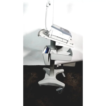 White medical cart with adjustable tray and storage compartments for GE MAC 1600 EKG ECG analysis lead resting patient machine