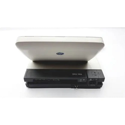 Silver hp pavilion laptop with black vcr-style external drive for ge mac 5500 hd color resting ecg analysis system