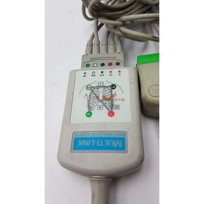Gray plastic multilink esu patient cable connector with labeled electrode positions and indicator lights for esu monitoring